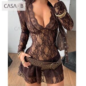 SOON 💫to CASA B| The Sahara Sol Sheer Brown Lace Festival Mini Dress